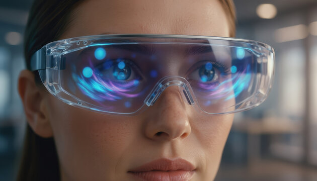 Augmented reality glasses woman face close up futuristic eye transparent eyewear blue light technology portrait showing calm expression with digital reflection in modern interior