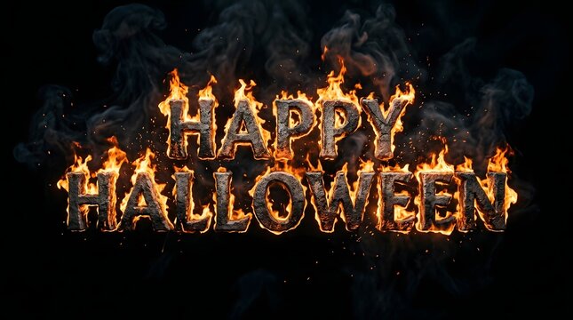 Happy halloween text made of burning charcoal and embers with intense fire and smoke on a black background