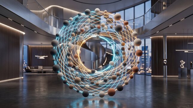 A large, glowing, intricate abstract network sculpture with interconnected nodes and lines, resembling a data visualization or scientific model, displayed in a modern