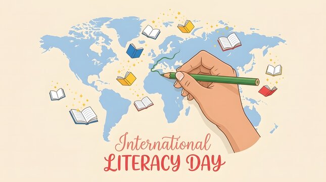International Literacy Day illustration with books and a world map background