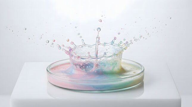 Colorful water splash in petri dish. Liquid crown ripple effect in laboratory glassware.