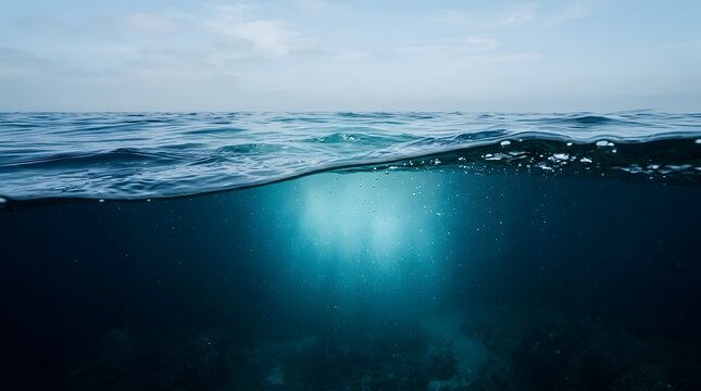 Underwater view of ocean surface with sunlight filtering through clear water