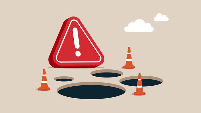 Many pitfalls with exclamation attention sign. Avoid pitfall, adversity and brave to jump pass mistake or business failure, skill and creativity to solve problem. Business animation video.