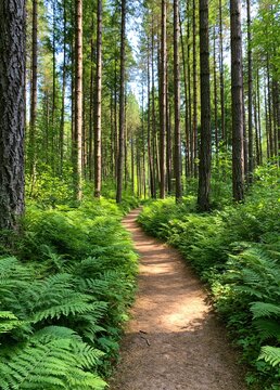 Forest path winding through a dense trail of green pine trees and lush ferns