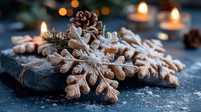 Winter snowflake cookies and pine cones on a dark rustic table with warm candle light