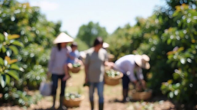 Blurry image of farmers harvesting crops in a sunny orchard, carrying baskets and wearing hats.