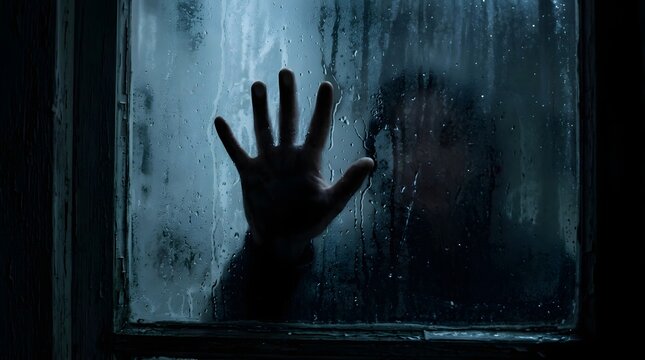 A hand pressed against a dark, rainstreaked window pane in a gloomy, atmospheric setting
