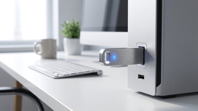 USB flash drive connects to a workstation computer for data transfer in a bright modern office environment.