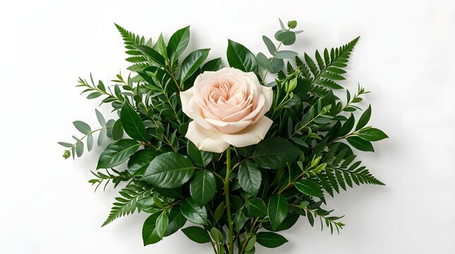 Single pale pink rose with lush green foliage. Elegant floral bouquet on white background.