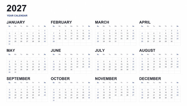 Calendar 2020, 2019, 2021, 2022, 2023, 2024, 2025, 2026, 2027, 2028 year. Vector. Week starts Sunday. Yearly calender organizer, English. 2027 Business Calendar 2027