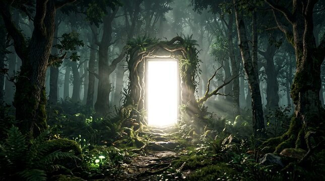 Glowing portal in a dark forest. Magical doorway standing in a mystical woodland.