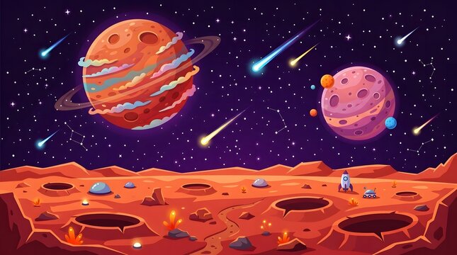 Cartoon planets and space landscape with craters and a rocket ship illustration