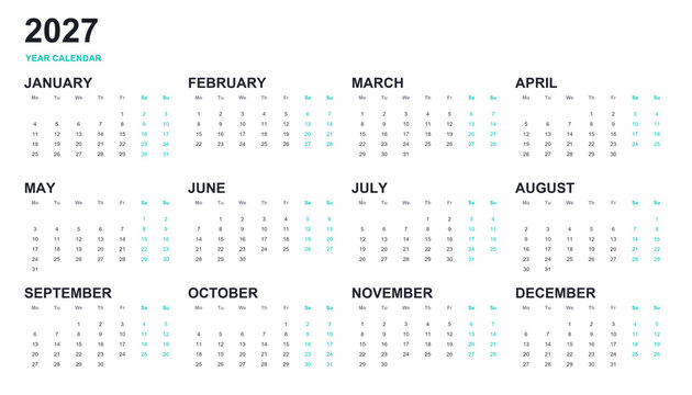 Vertical annual calendar template for 2025, 2026 and 2027 year isolated on a transparent background. Week Starts on SUNDAY. Business. 2027 Calendar Transparent Overlay