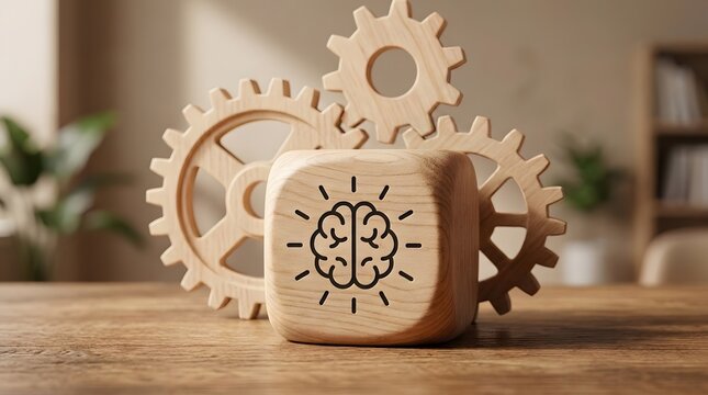 Operational intelligence concept showcasing wooden brain block integrated with mechanical gear system