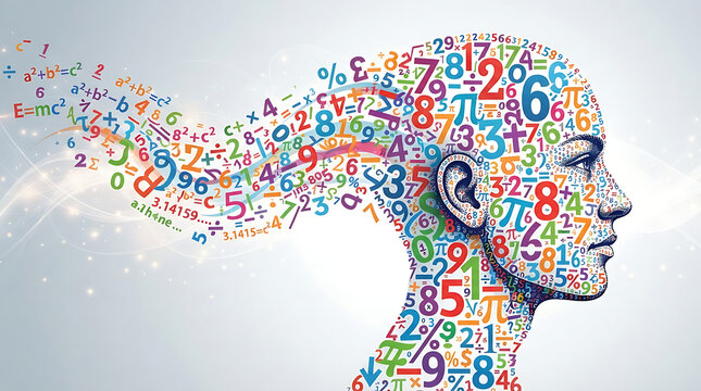 Conceptual profile of human head filled with colorful mathematical symbols and numbers.
