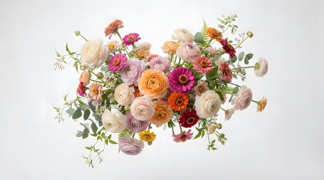 Colorful spring flower bouquet. Floral arrangement with ranunculus and zinnia on white.