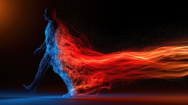 Silhouetted figure dissolving into a vibrant trail of red and blue energy