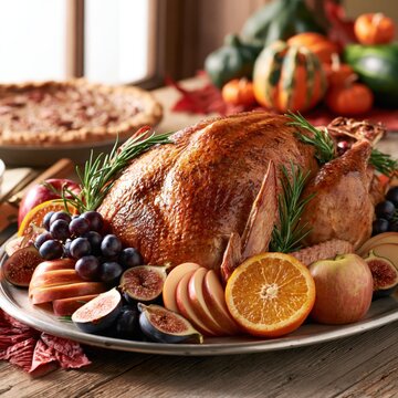 Autumn Harvest Roast Turkey Styled with Fresh Fruits Herbs and Warm Window Light Creating Cozy Seasonal Dining Atmosphere