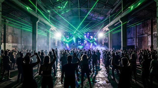 Crowd dancing at a music festival. People enjoying a night rave with green laser lights.