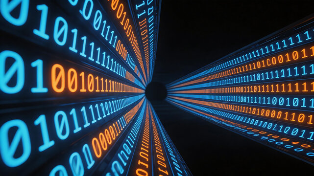 Binary code tunnel leading to black hole
