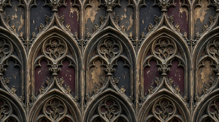 Obraz premium A Gothic architectural panel pattern features dark, intricate tracery and a deep red distressed background.