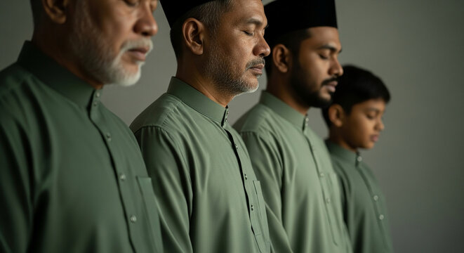 A multi-generational group of Muslim men and a boy in traditional green Baju Melayu praying together with closed eyes for Ramadan or Eid festival.