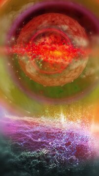 A vibrant abstract cosmic composition featuring glowing planets, colorful nebula clouds, sparkling particles, and luminous energy waves, creating a surreal futuristic universe filled with mystery, dep