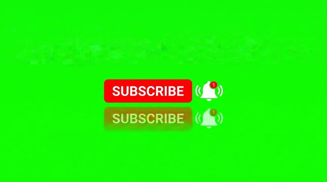 Digital red subscribe button and notification bell with a reflection on a green screen, commonly used for video calls to action.