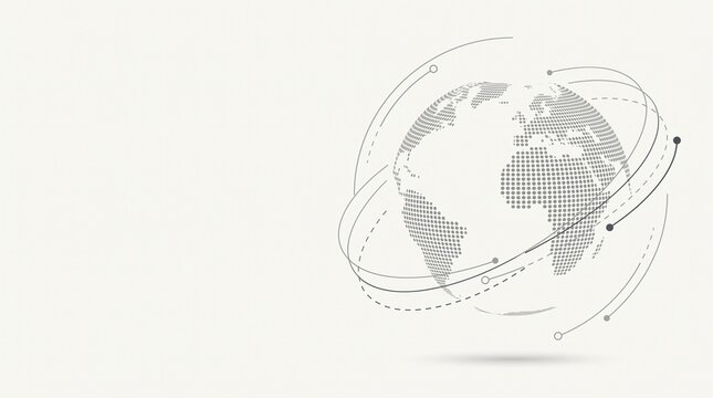Digital dotted earth globe surrounded by interconnected orbital lines representing global communication