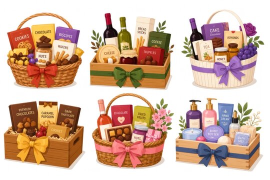Luxury gourmet gift basket collection with chocolates, wine, coffee, tea, spa essentials and premium celebration hamper set illustration