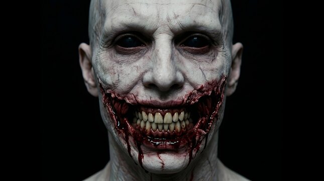 Closeup portrait of a terrifying monster with black eyes and bloody torn mouth