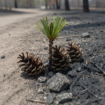young pine tree with green needles growing among charred pine cones in a post-wildfire forest