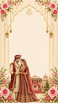Luxury Indian wedding invitation template featuring traditional bride and groom, royal palace, floral border, Ganesha motif and elegant watercolor background