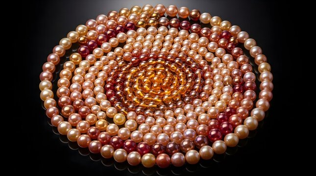 Spiral arrangement of colorful pearls. Luxury jewelry background with gradient beads.