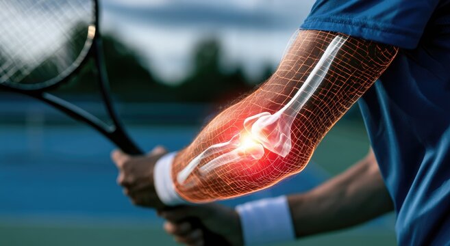 Tennis player's elbow joint, highlighted with skeletal overlay and inflammation