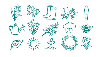 Fototapeta premium Spring Gardening Icon Set, Hand Drawn Flower and Nature Elements Line Art Collection on White Background, perfect for garden branding, nature themed designs, and seasonal projects.