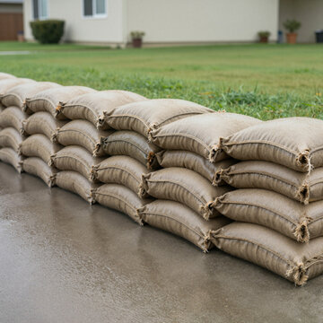 row of sandbags on wet pavement outside residential building concept of flood defense and protection