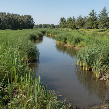 peaceful river flowing through lush greenery in countryside landscape on a sunny summer day