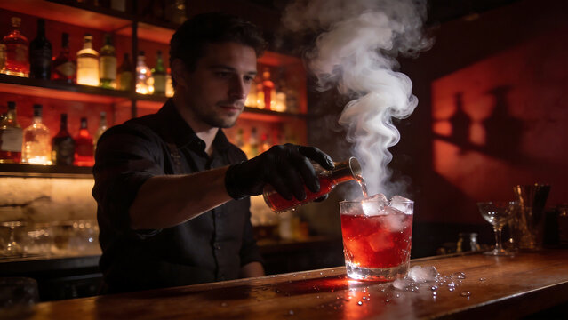 Bartender pouring smoking cocktail