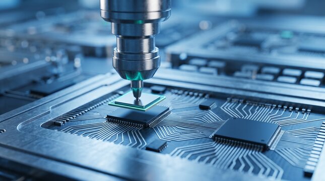 Automated robotic precision assembly placing microchip components onto advanced printed circuit board surface