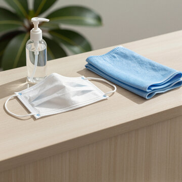 hand sanitizer, face mask, and cloth on clean surface, concept of hygiene and protection, sunlight