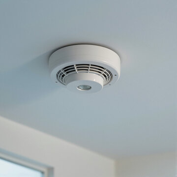 smoke detector mounted on white ceiling in modern home for fire safety and prevention