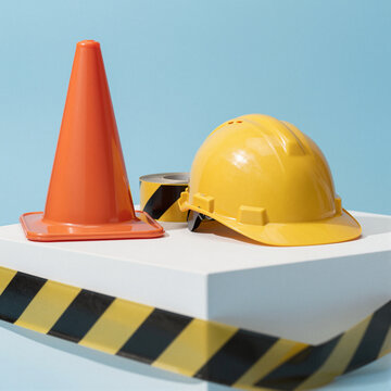 construction safety equipment including helmet and cone on a platform highlighting worksite security