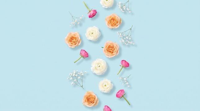 Pastel spring flower arrangement flat lay composition with delicate rose with ranunculus flowers scattered
