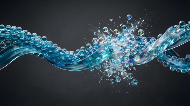 Blue water splash with bubbles. Abstract liquid flow on a dark background.