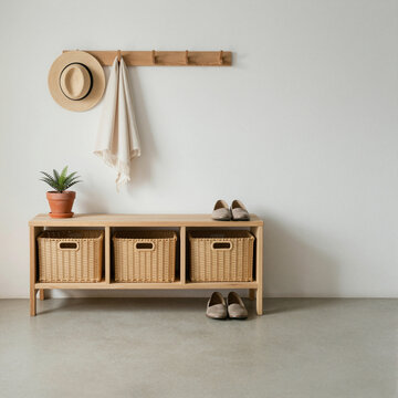 minimalist hallway with wooden rack, shoes and plant creating serene and organized home atmosphere