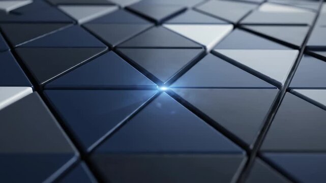 Animated Geometric Triangular Tile Pattern with Dynamic Blue Light Flare on Metallic Surface