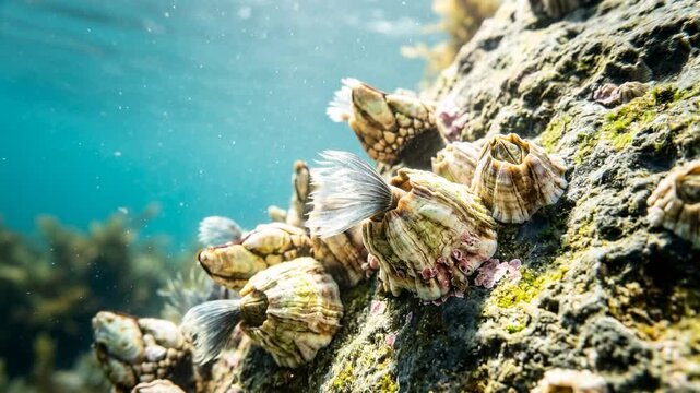 barnacle underwater close up at morning light on rocky pacific coast california