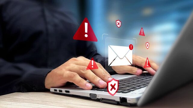 Fraud Attempts, Suspicious Emails and Scam Ads. Person Filter Inbox Filled with Spam Emails and False Advertisement on a Laptop. Caution, Warning Notifications, Malware Spreading, Hidden Viruses. 4K