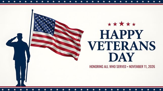 Happy Veterans Day banner with saluting soldier silhouette and American flag